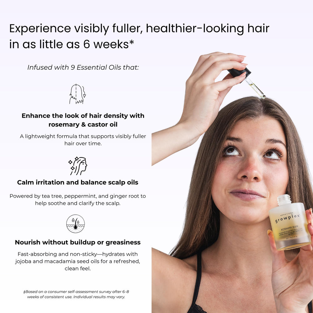 Growplex Rosemary Elixir ingredients highlight rosemary and jojoba for a nourished scalp.