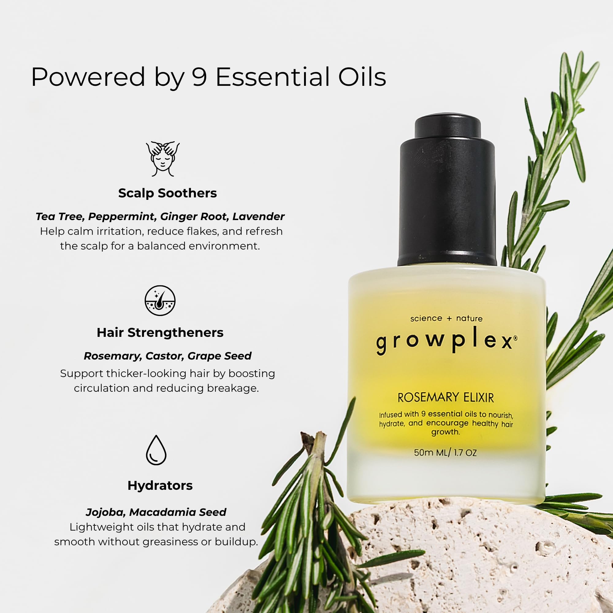 Growplex Rosemary Elixir packaging communicates a natural formula and safe ingredients.