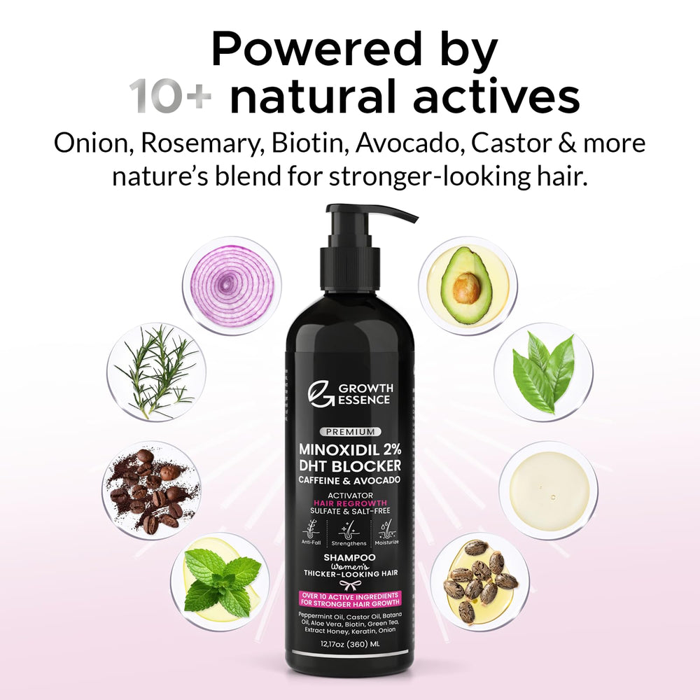 Growth Essence DHT blockers with saw palmetto and rosemary for healthier-looking density.