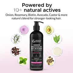 Growth Essence DHT blockers with saw palmetto and rosemary for healthier-looking density.