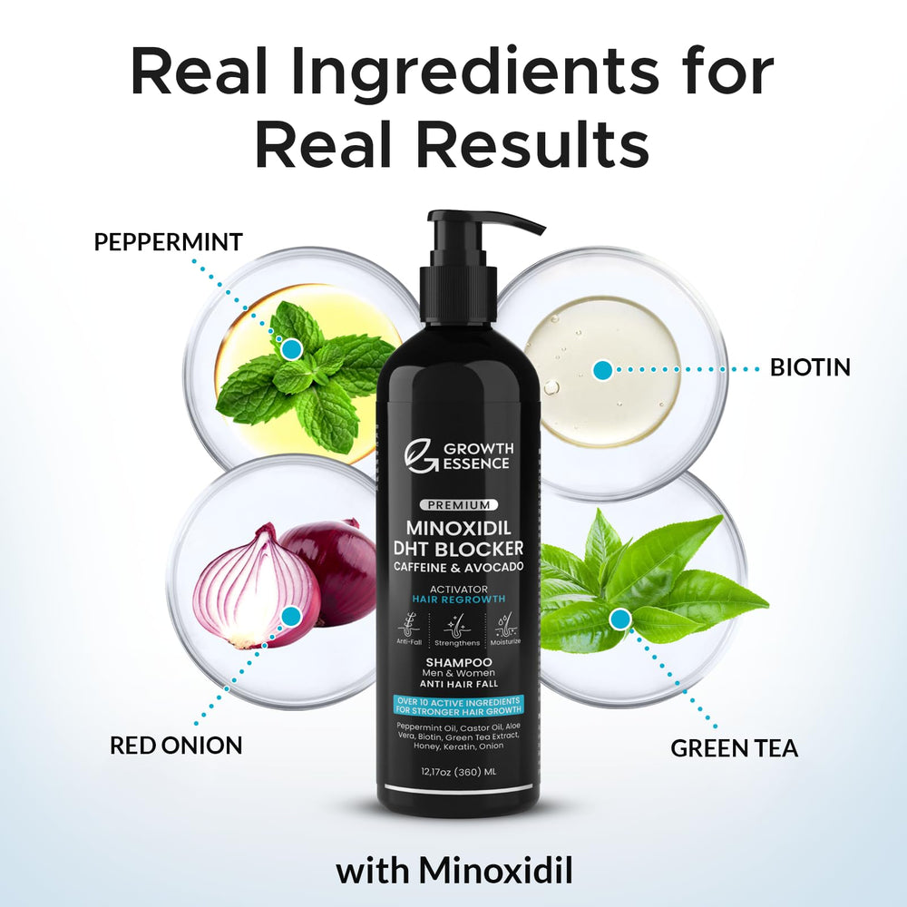 Growth Essence Minoxidil Shampoo label closeup highlighting natural ingredients