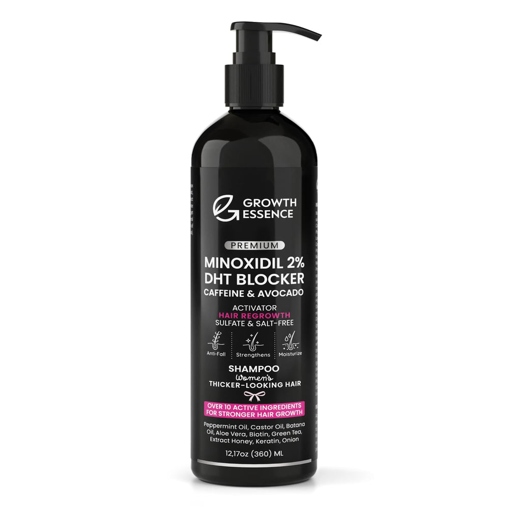 Growth Essence Minoxidil Shampoo bottle shown for daily use and fuller-looking hair.