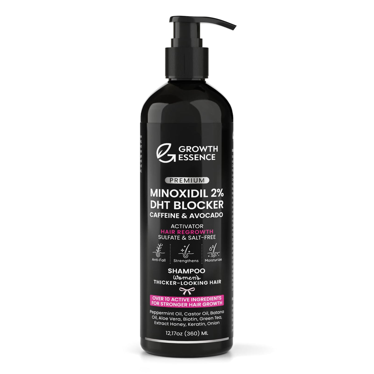 Growth Essence Minoxidil Shampoo bottle shown for daily use and fuller-looking hair.