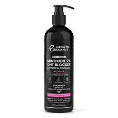 Growth Essence Minoxidil Shampoo bottle shown for daily use and fuller-looking hair.