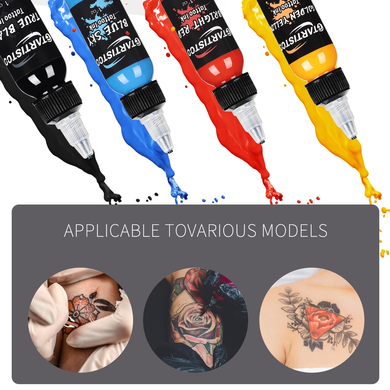 Tinta GTARTISTOO en botellas de 30 ml de plástico, fáciles de almacenar y usar.