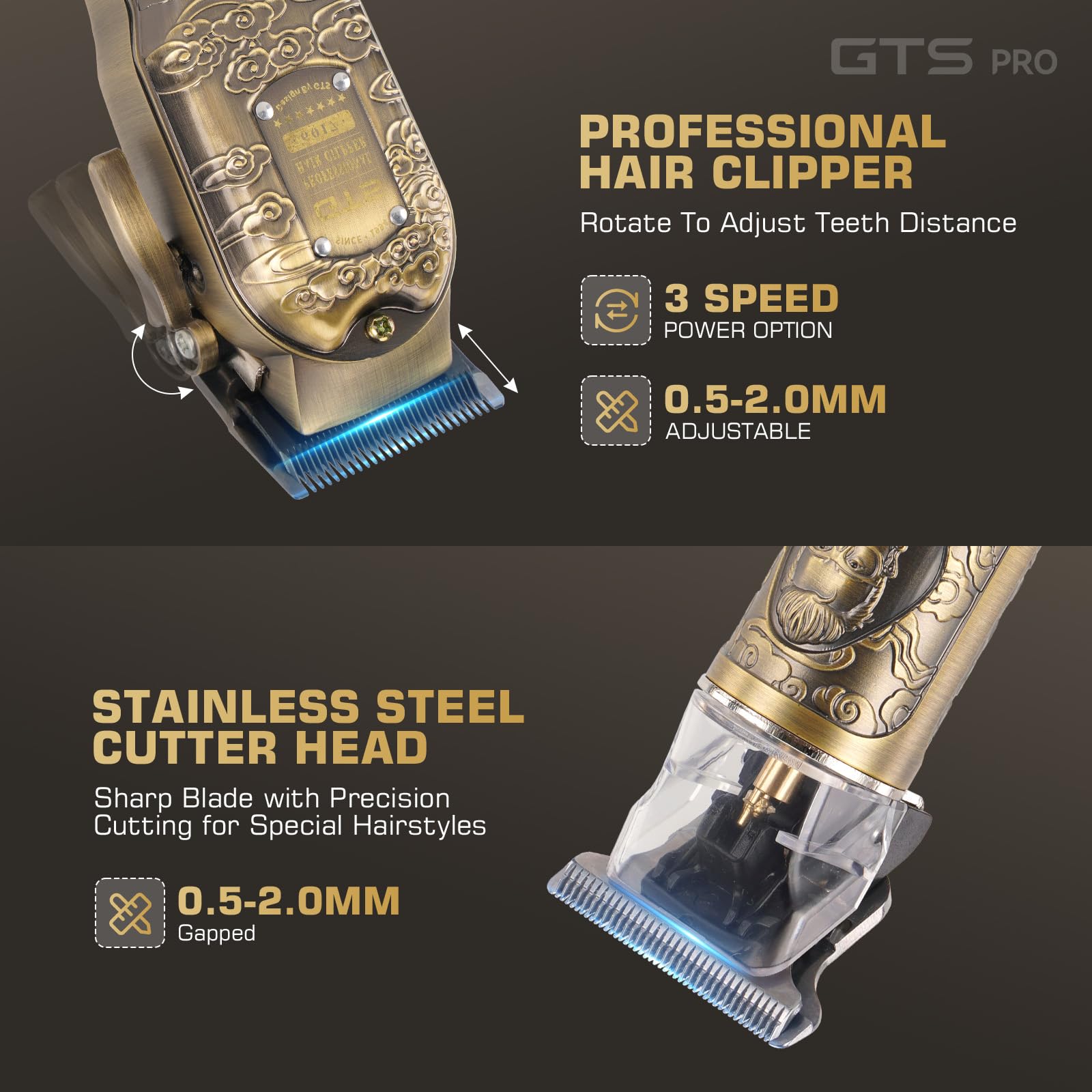 GTS PRO beard trimmer with T‑blade and guards for precise shaping