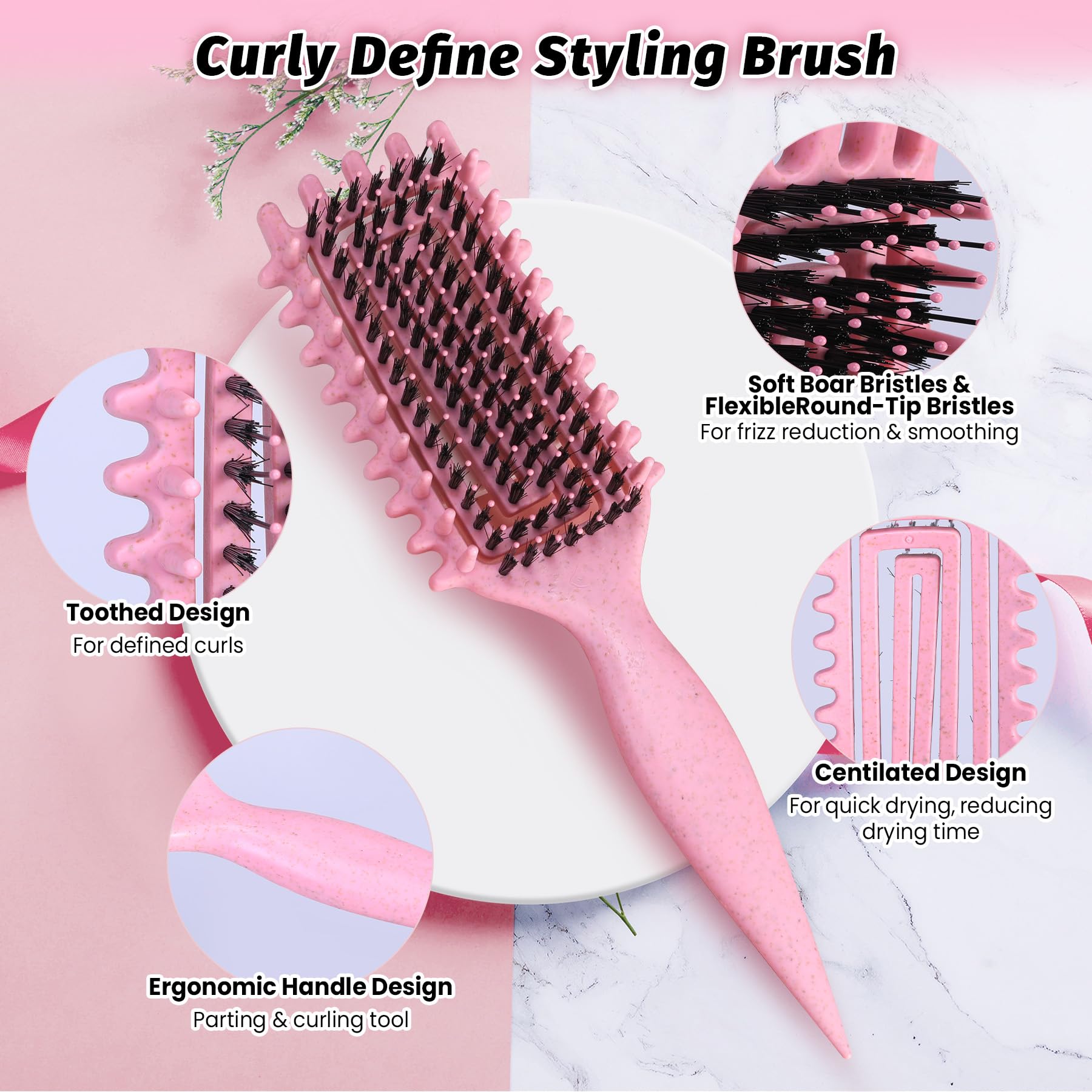 GTWRMXT Curly Hair Brush Pink in-hand angle showing comfortable grip and portable design