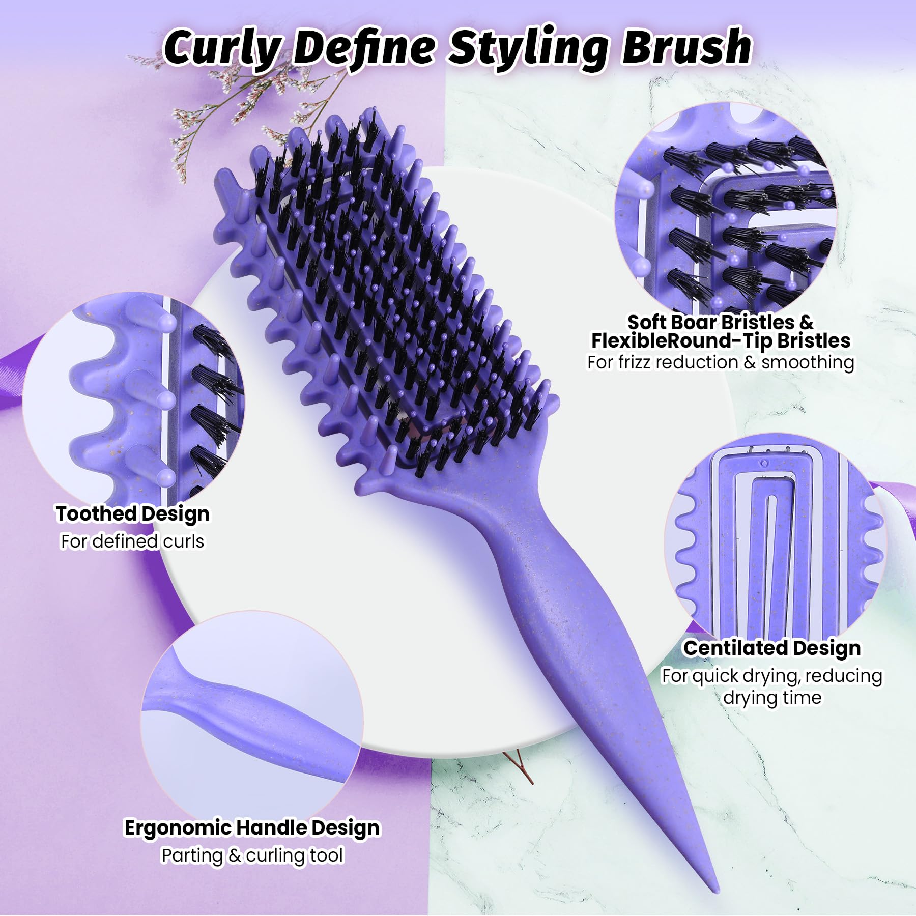 GTWRMXT vented curl brush accelerates drying with breathable bristles.