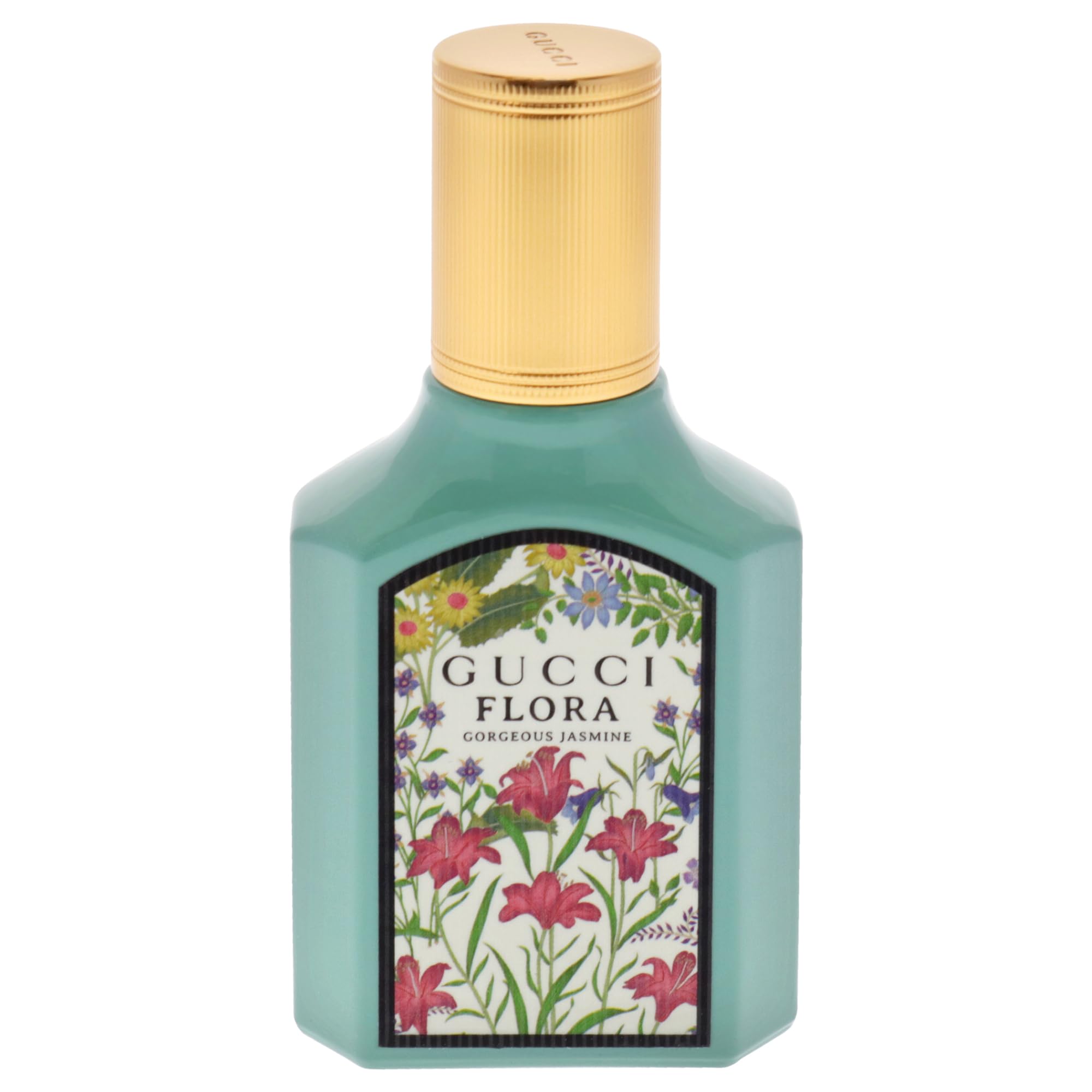 Close-up of the Gucci bottle with jasmine petals highlighting floral notes.
