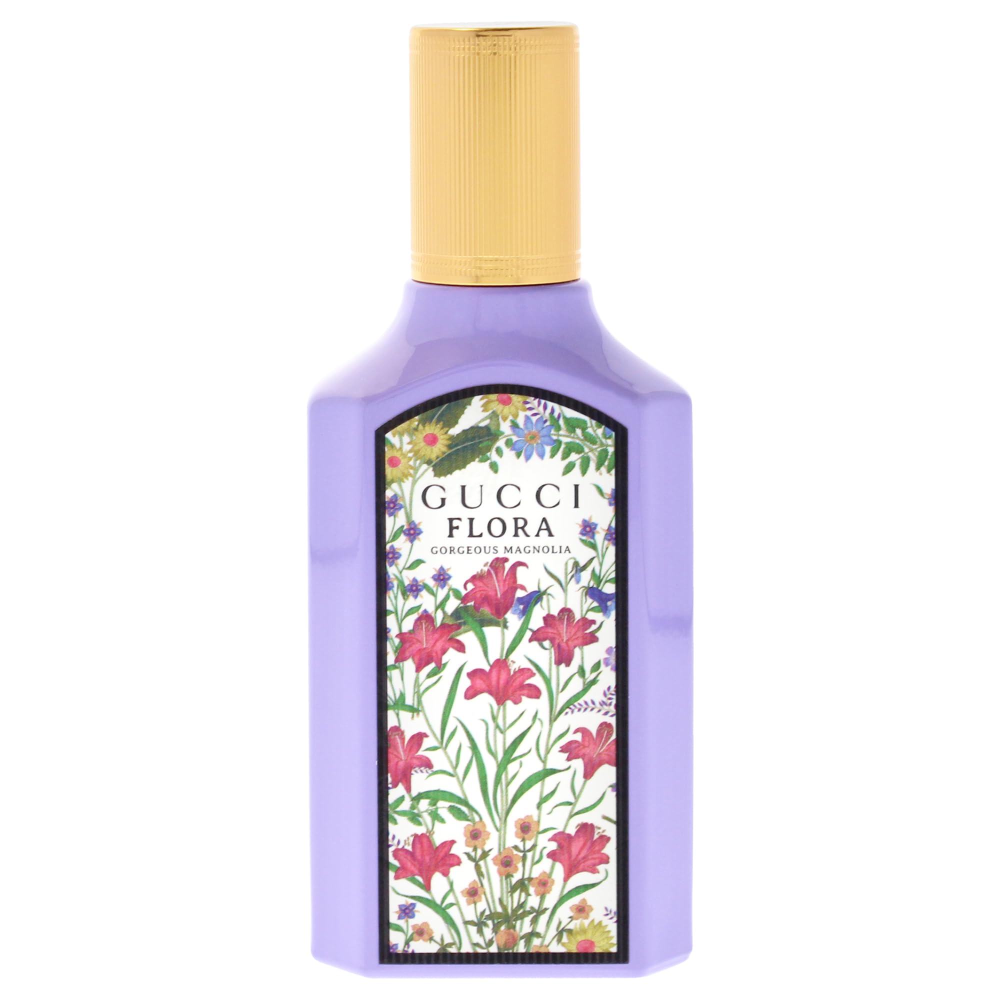 Gucci Flora Gorgeous Magnolia bottle side highlights sleek lines for a chic vanity.