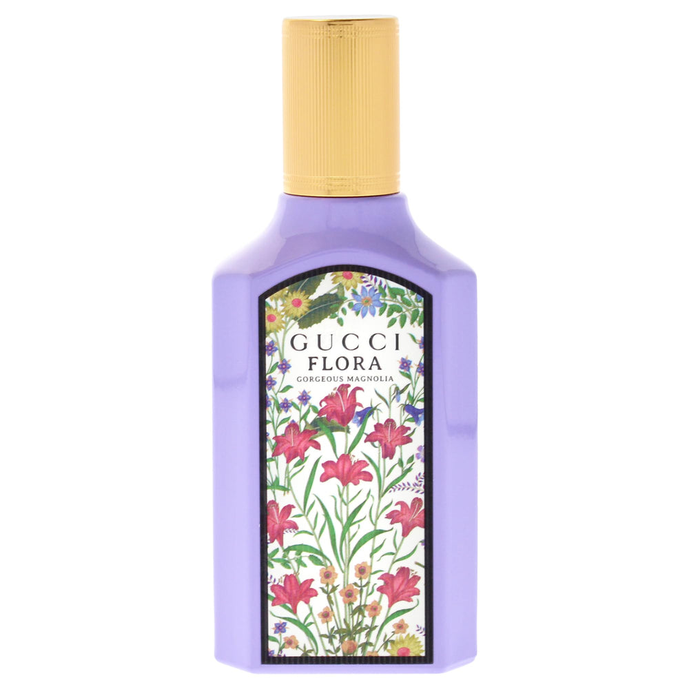 Gucci Flora Gorgeous Magnolia bottle side highlights sleek lines for a chic vanity.