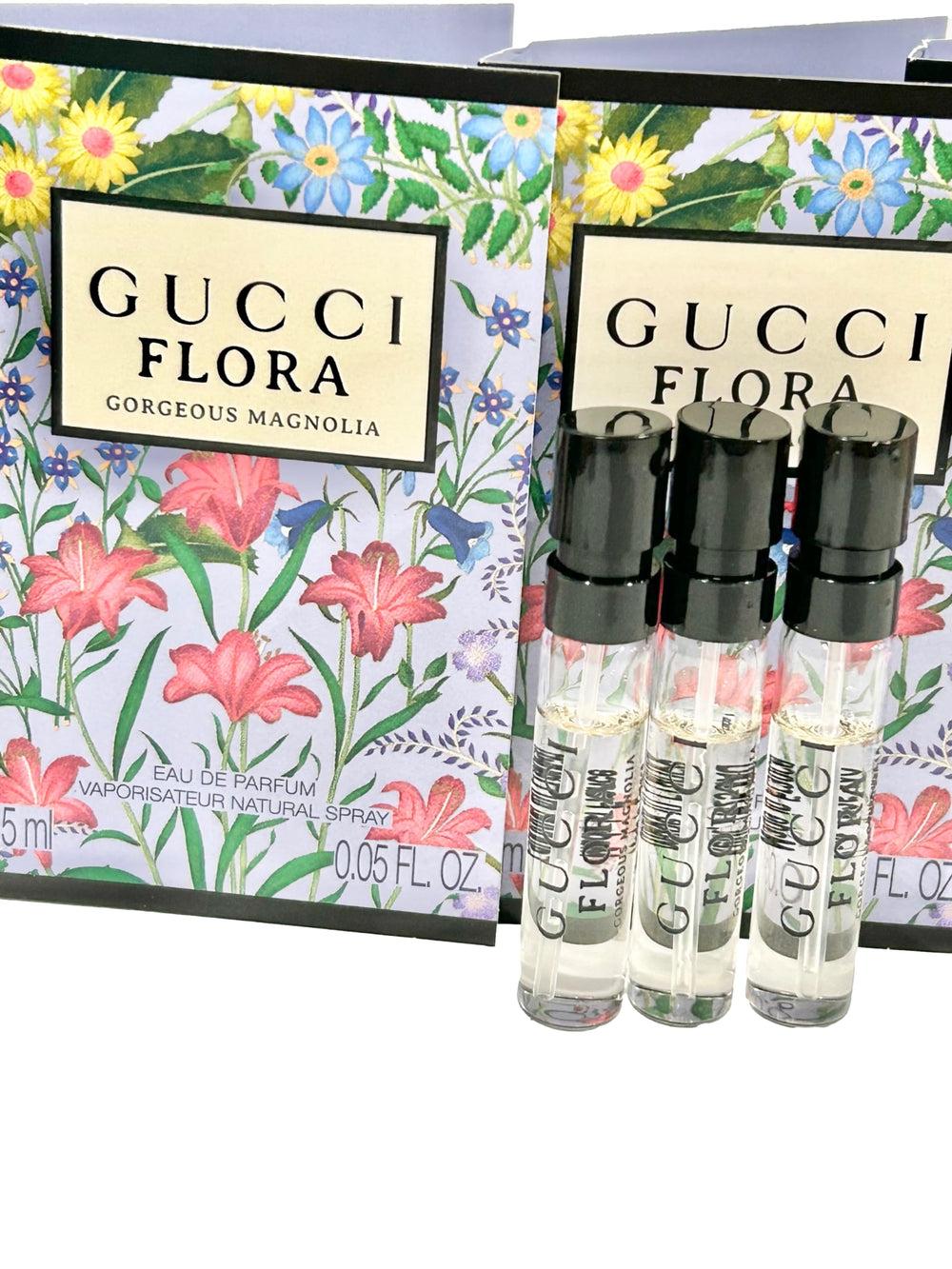 Gucci Flora Gorgeous Magnolia packaging showcases a chic travel-friendly trio.