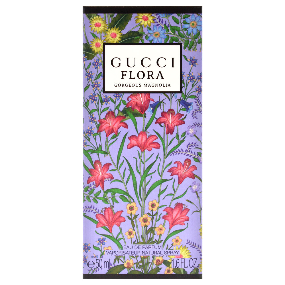 Gucci Flora Gorgeous Magnolia packaging box emphasizes luxury unboxing experience.