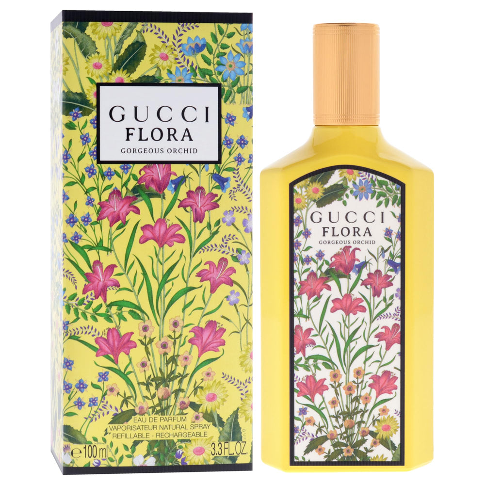 Gucci Flora Gorgeous Orchid refillable bottle on display.