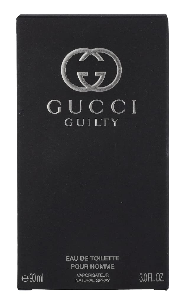 Gucci Guilty bottle detail highlights embossed logo and craftsmanship.