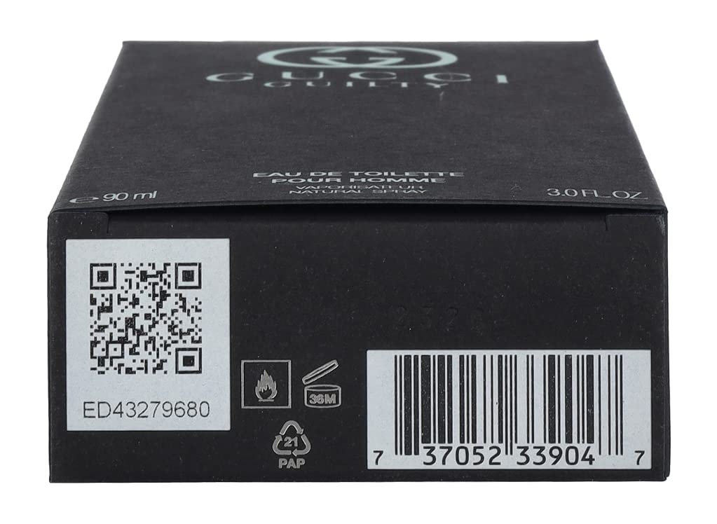 Gucci Guilty label details highlight matte finish and branding.