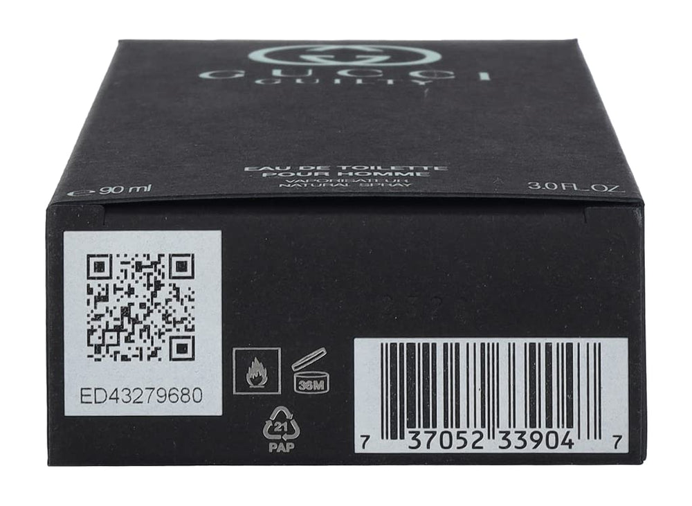 Gucci Guilty label details highlight matte finish and branding.