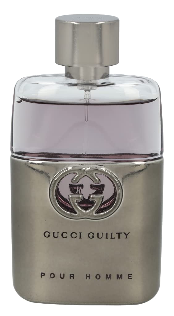 Close-up of Gucci Guilty Men bottle highlighting elegant glass and branding