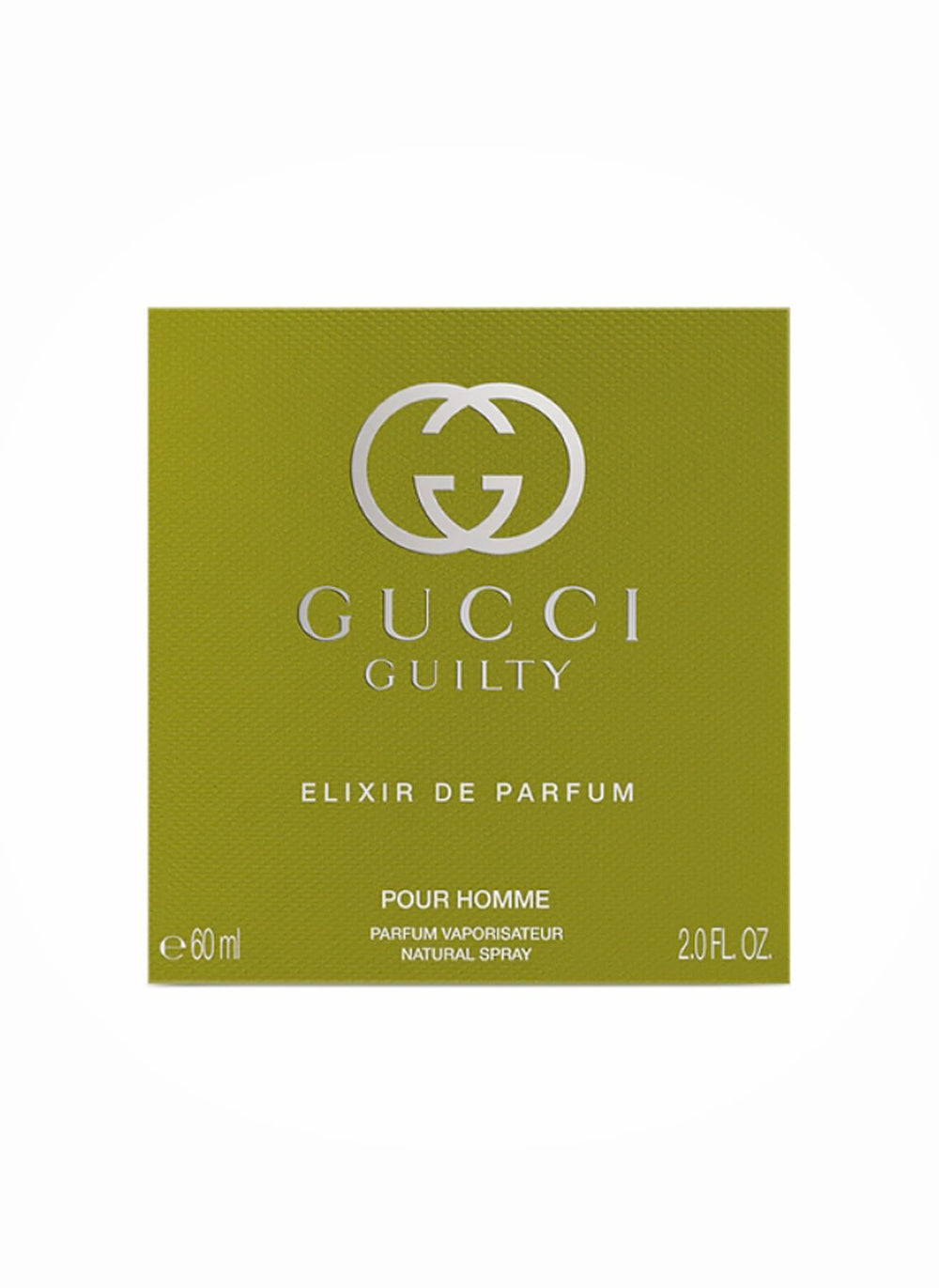 Gucci Guilty Men Elixir packaging detail emphasizing sleek luxury branding