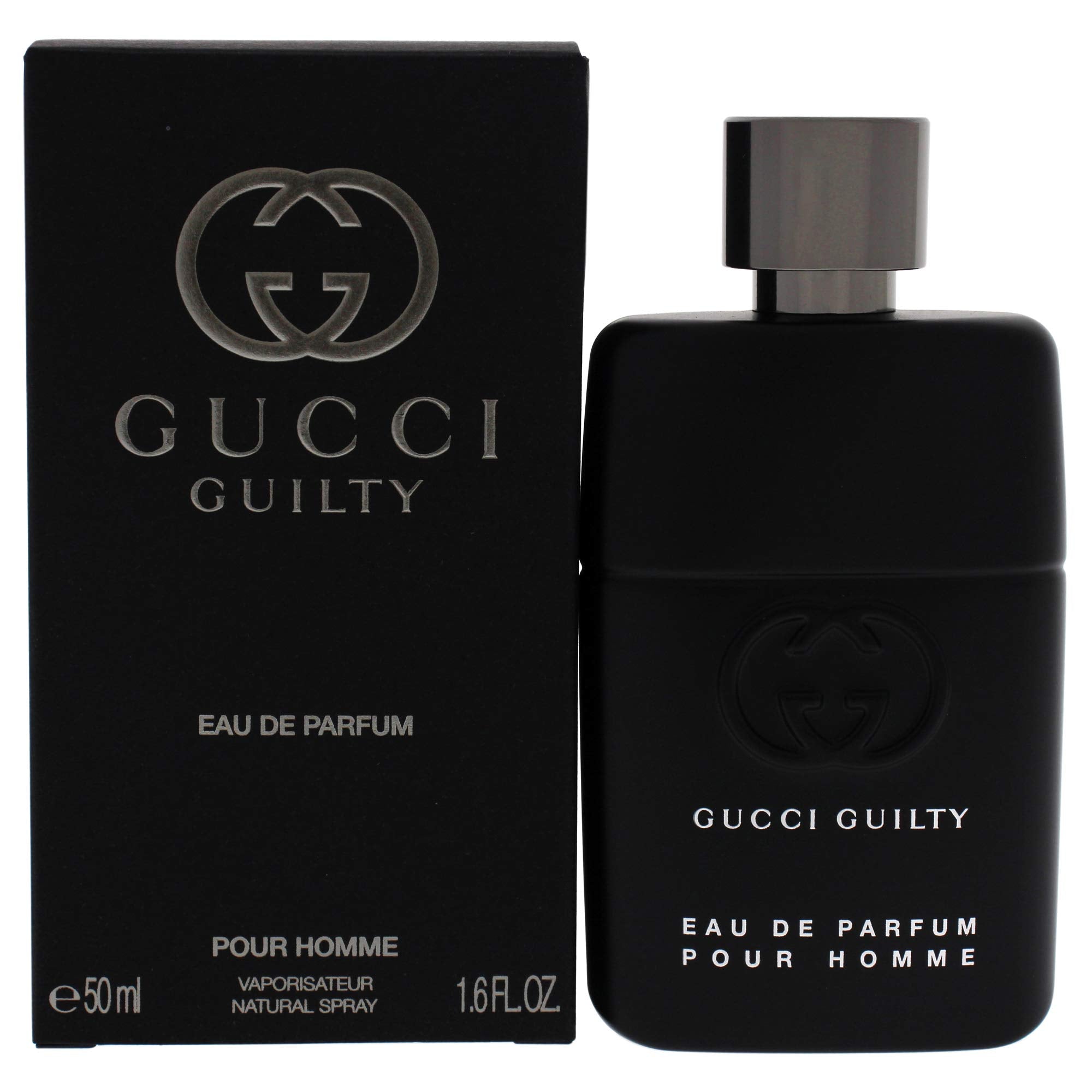 Gucci Guilty Pour Homme bottle front view with bold modern silhouette for evening wear