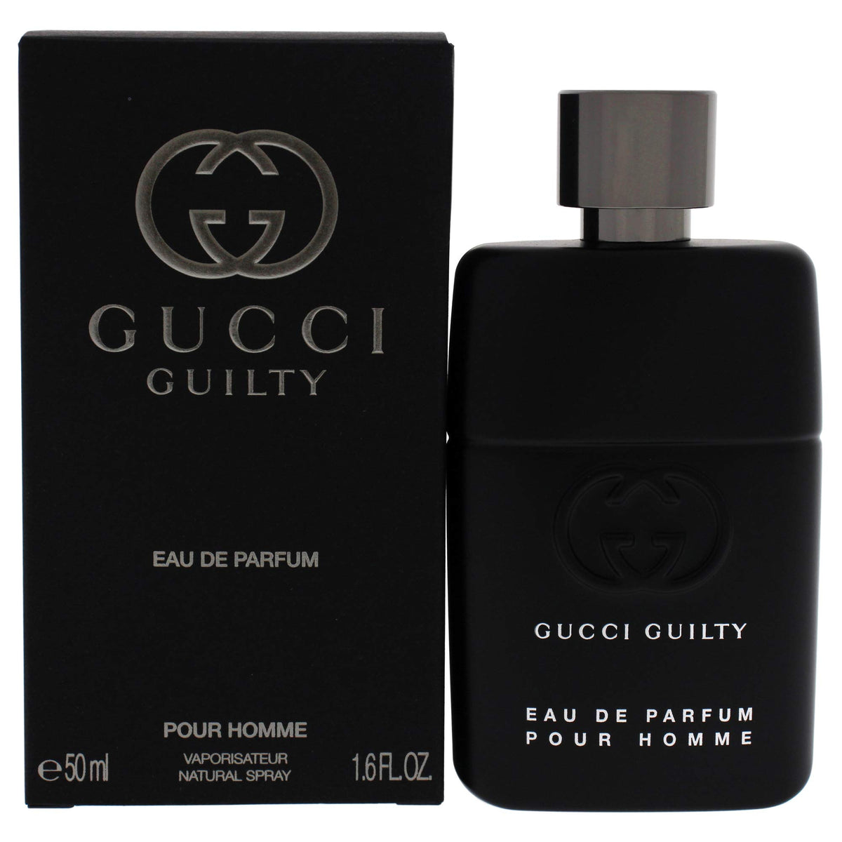 Gucci Guilty Pour Homme bottle front view with bold modern silhouette for evening wear