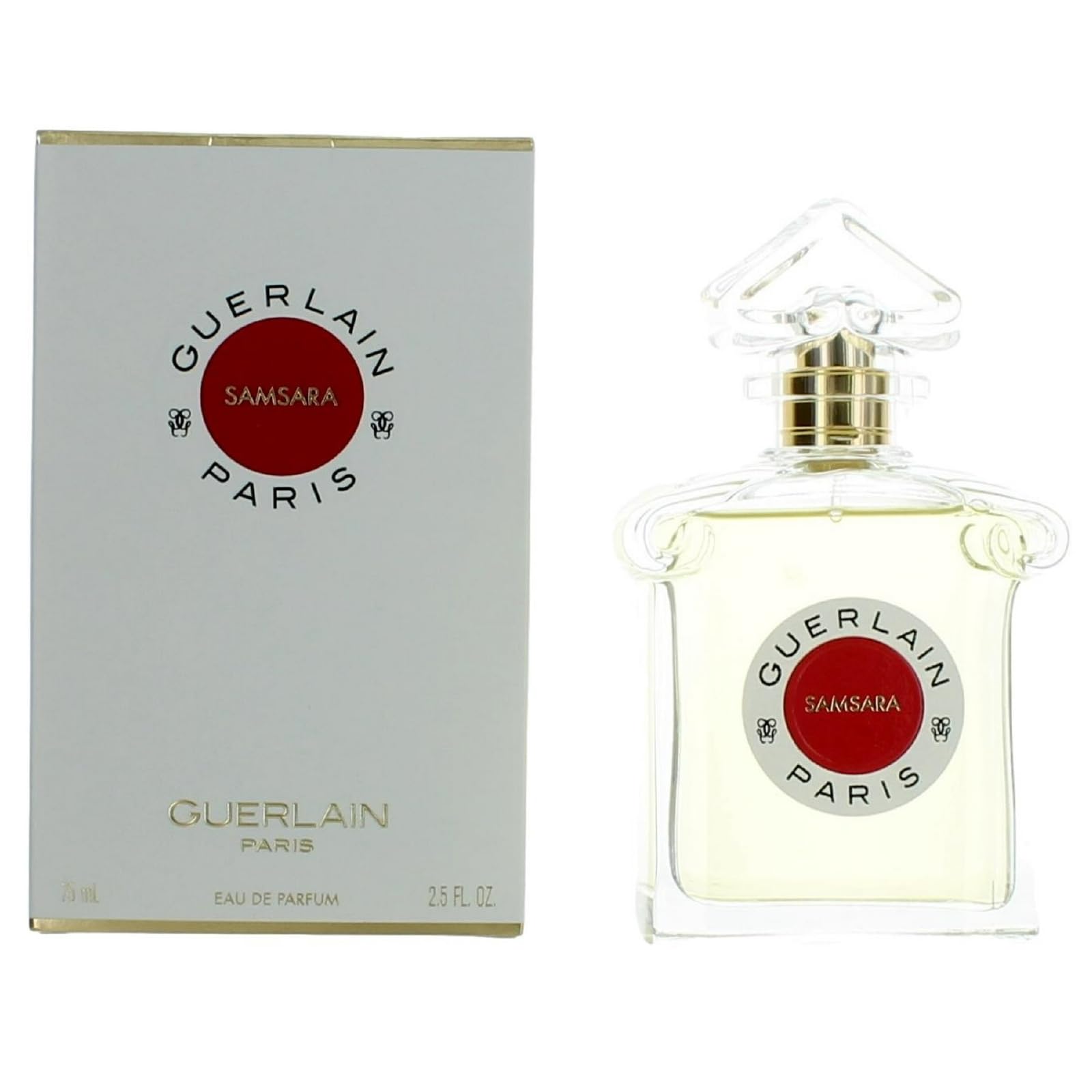 Guerlain Samsara bottle closeup, showcases luxurious notes for intimate, memorable moments.
