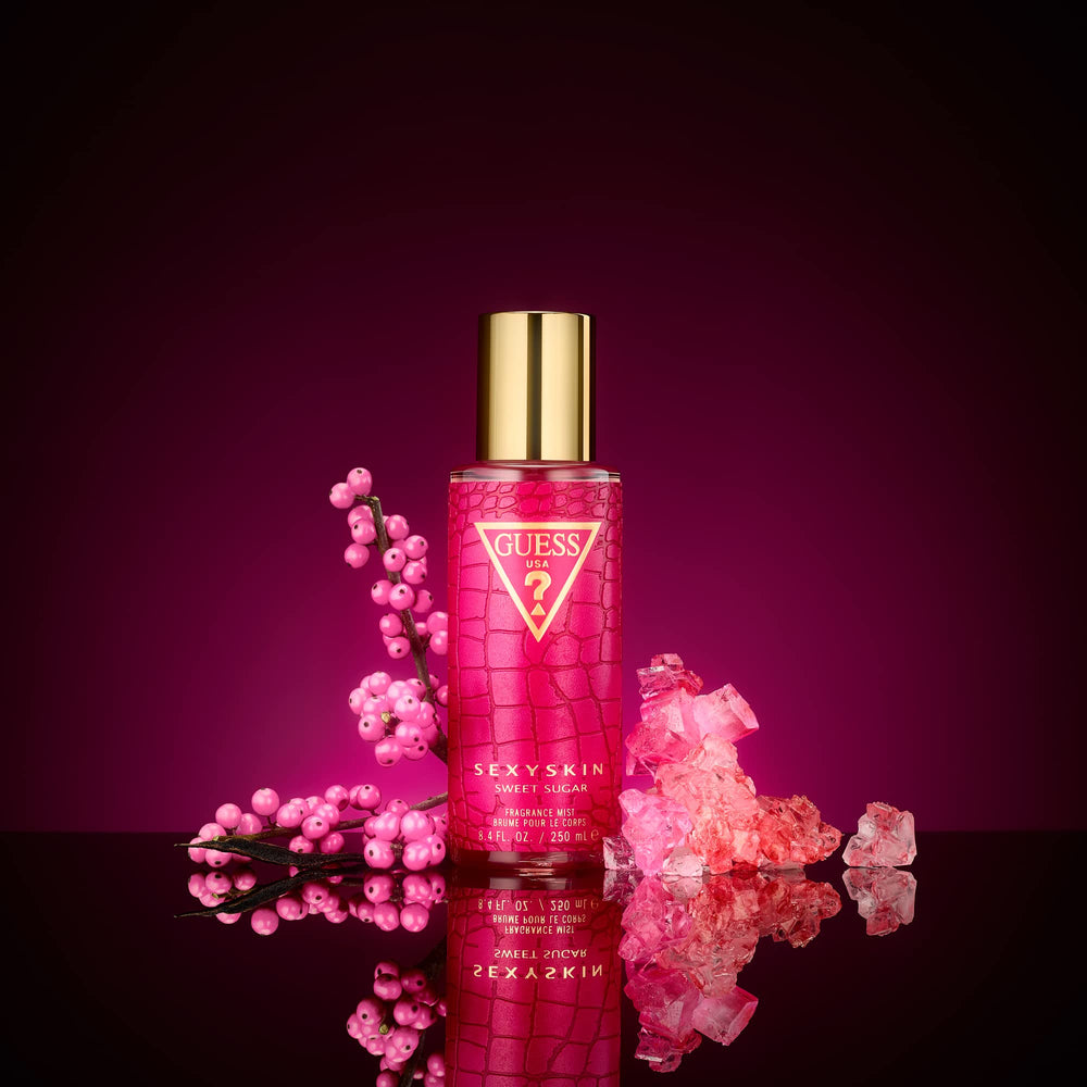 Guess Sexy Skin Sweet Sugar fragrance mist bottle close-up highlighting fragrance notes and appeal