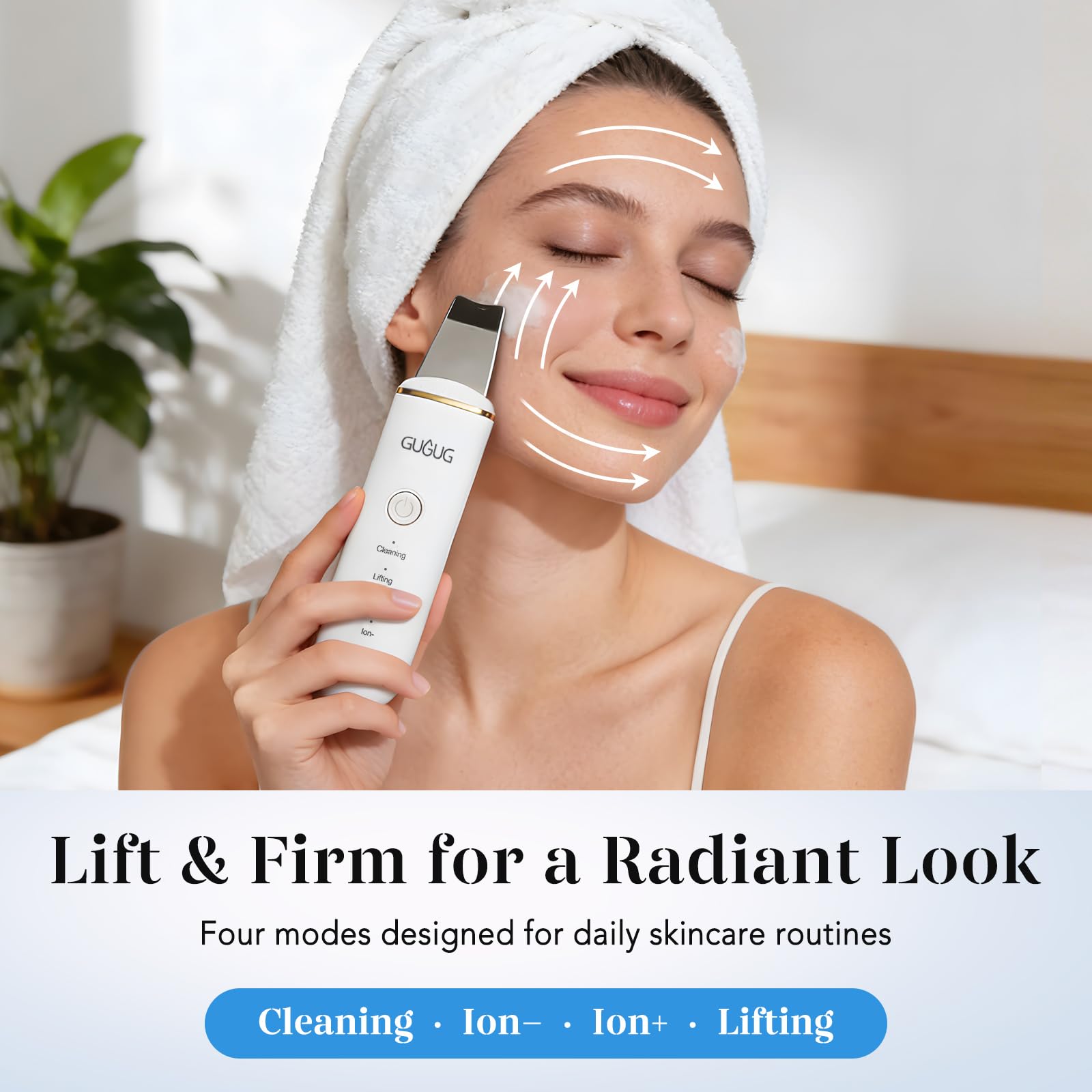 GUGUG Skin Scrubber lifting mode provides facial massage potential.