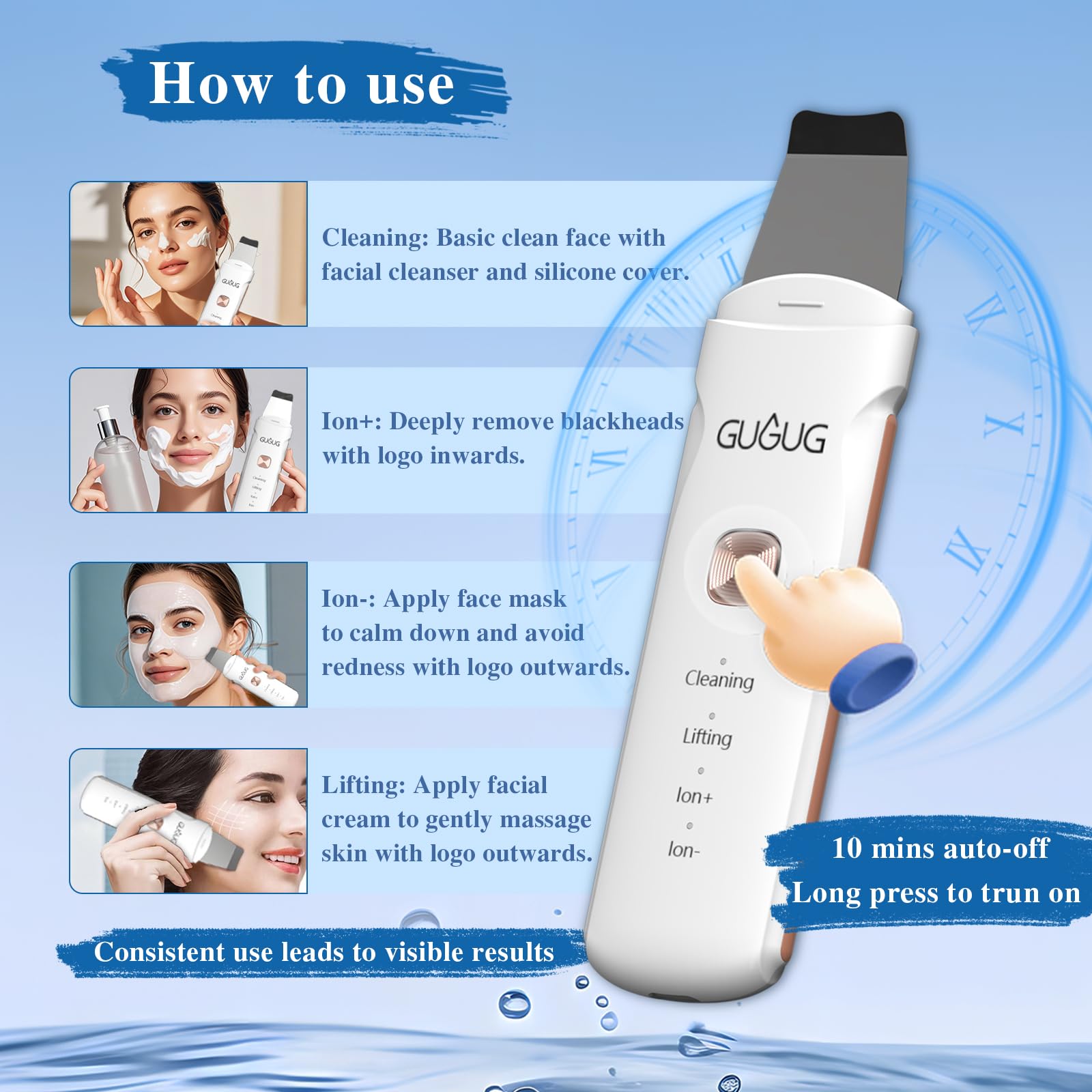 GUGUG Skin Scrubber Ion- mode boosts product absorption gently.