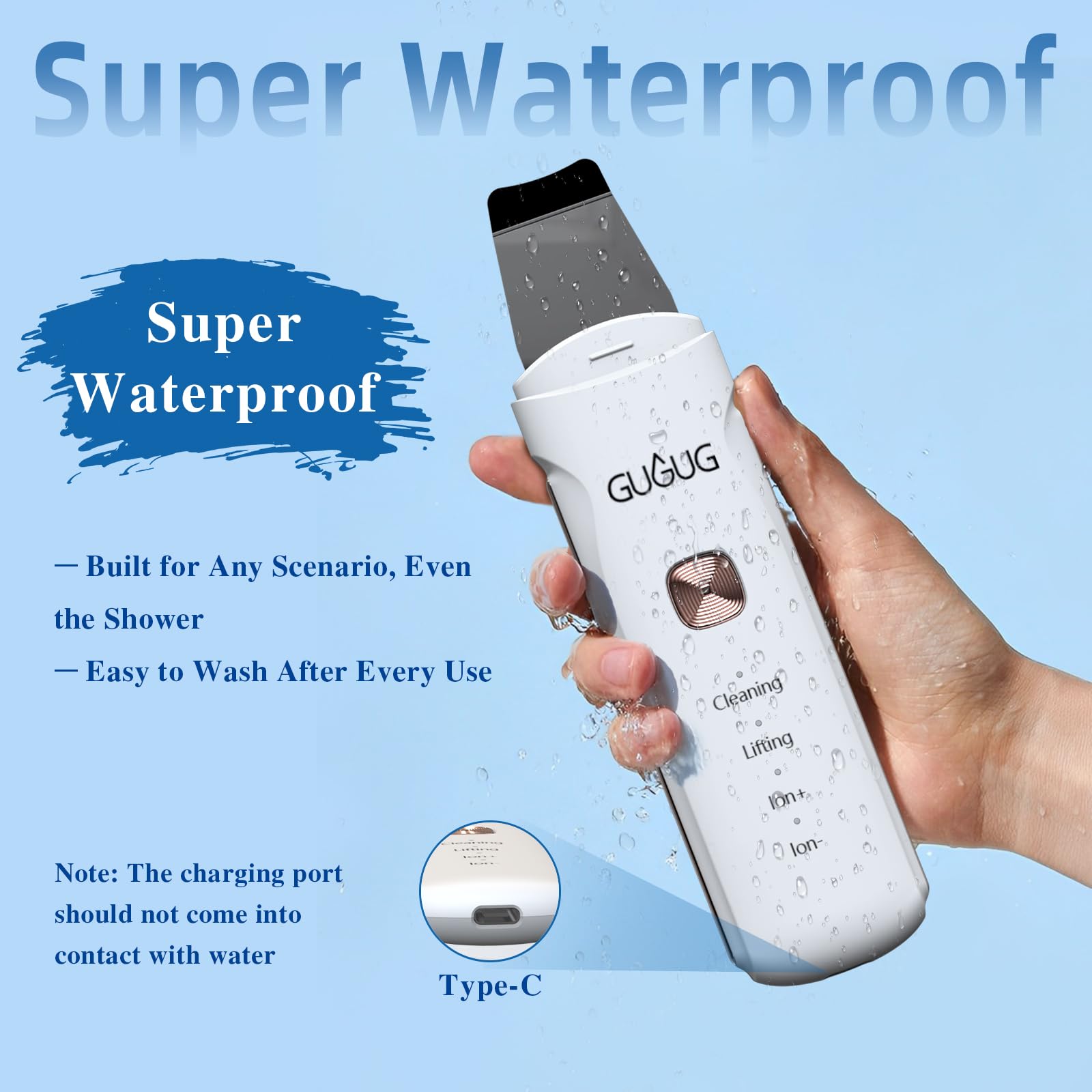 GUGUG Skin Scrubber Ion+ mode helps clear pores softly.