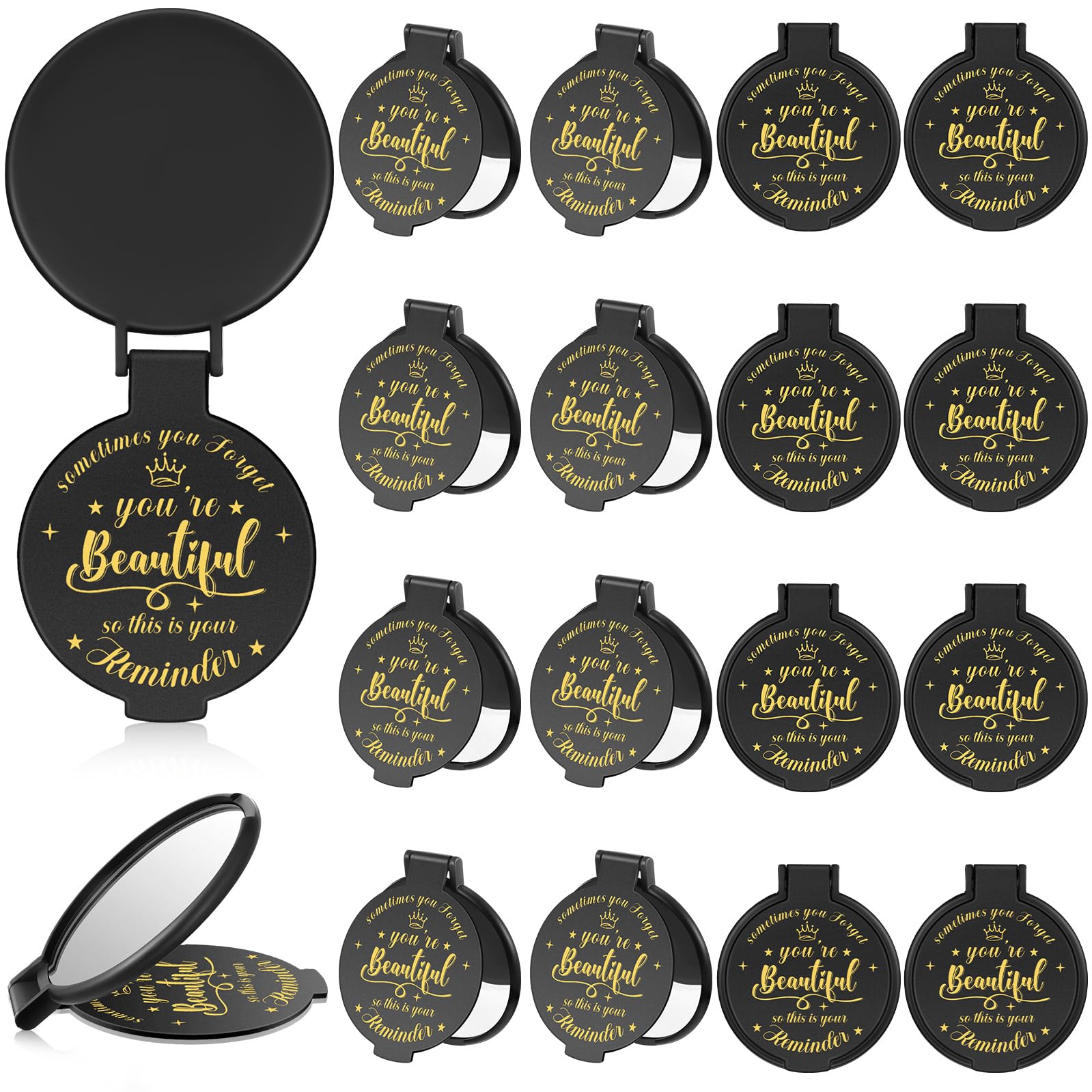 Gulfmew 18-piece black compact mirror with inspirational front pattern, ideal for on-the-go grooming
