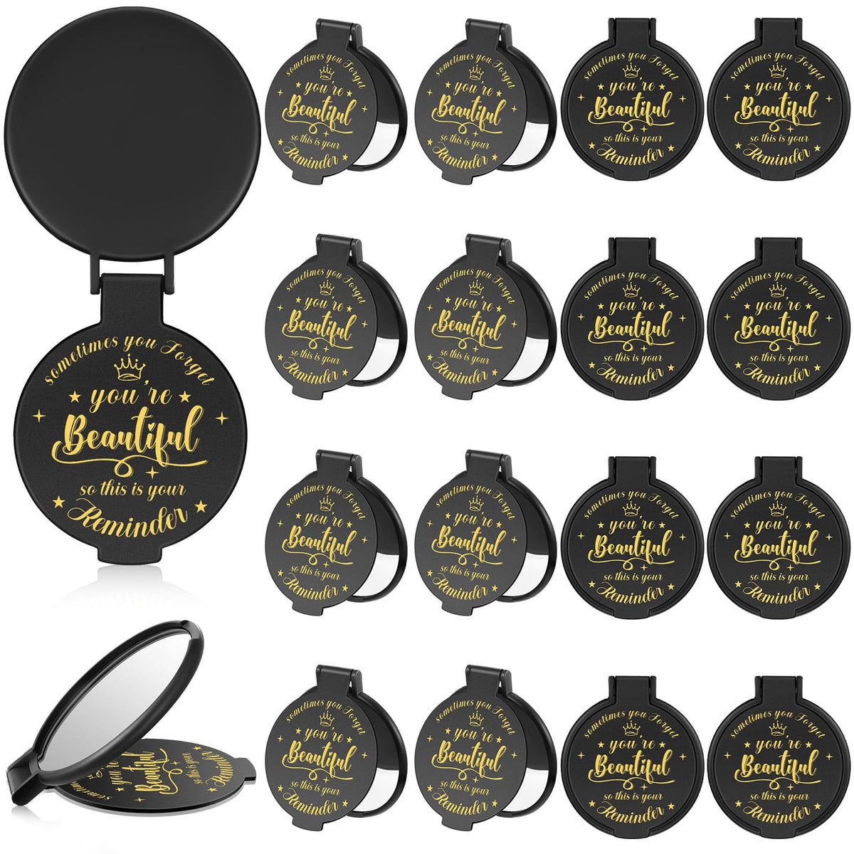 Gulfmew 18-piece black compact mirror with inspirational front pattern, ideal for on-the-go grooming