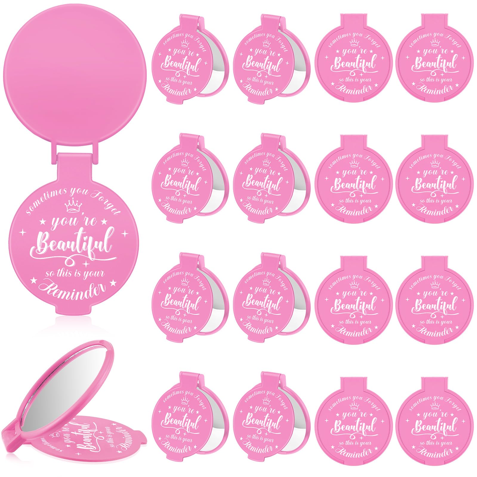 Gulfmew 18-pcs compact mirror pink front pattern highlights daily beauty checks.