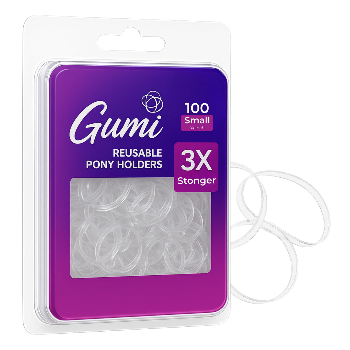 Gumi good clear small hair elastics for ponytails with ouchless, gentle hold.