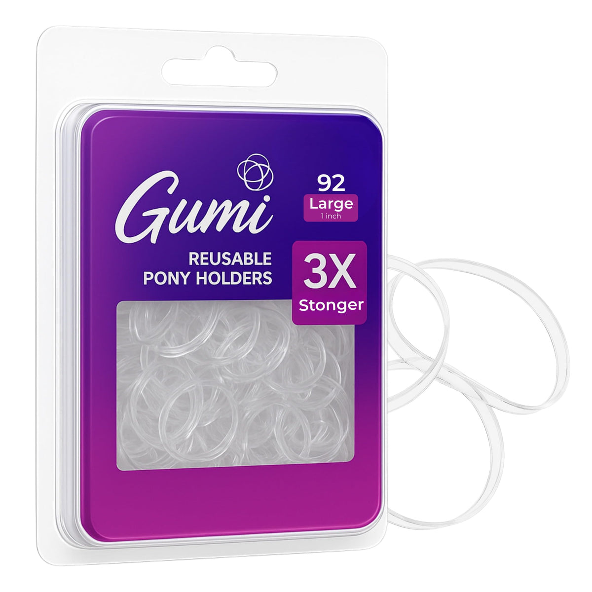 Gumi good ouchless clear large ponytail elastics for secure, gentle removal