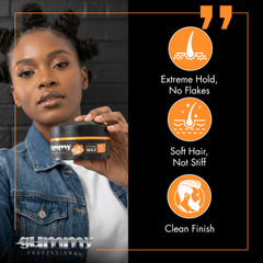 Gummy keratin complex hair wax texture demonstrates clean non greasy finish.