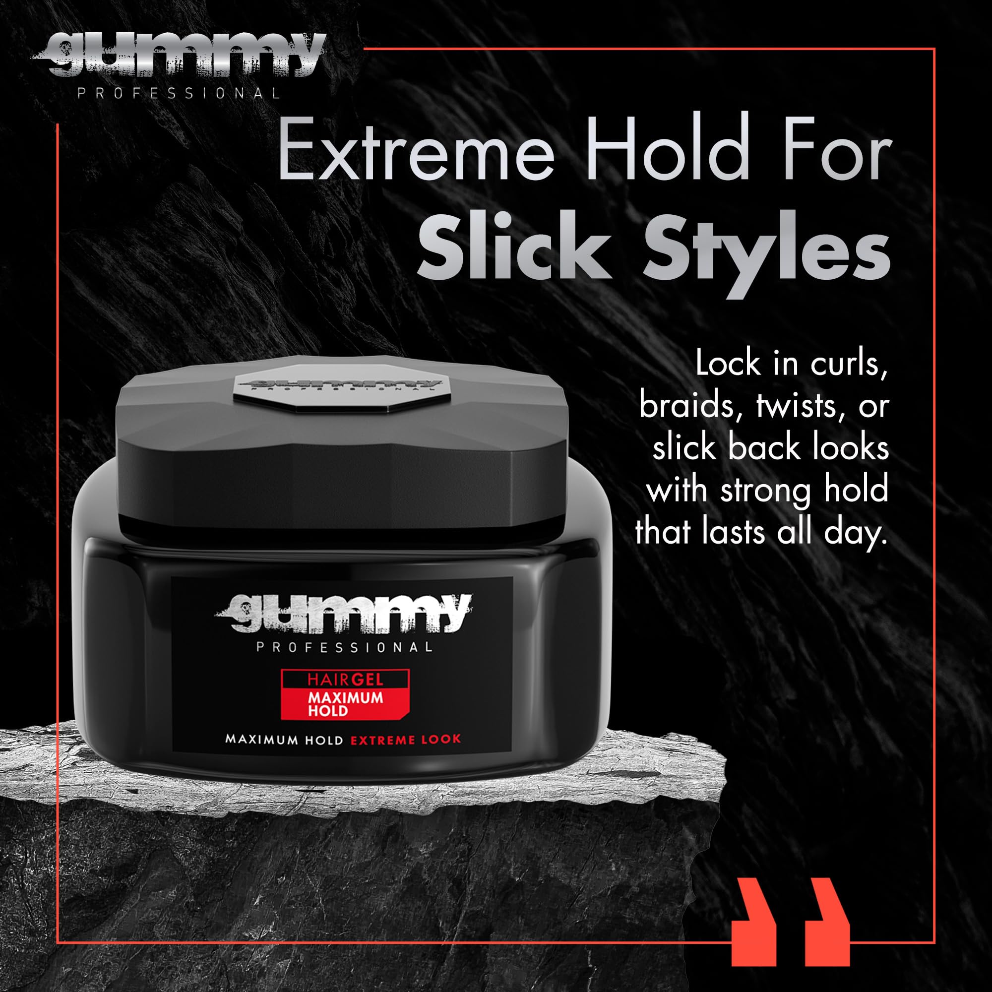 Gummy hair gel for curls defines texture with flexible control and shine.