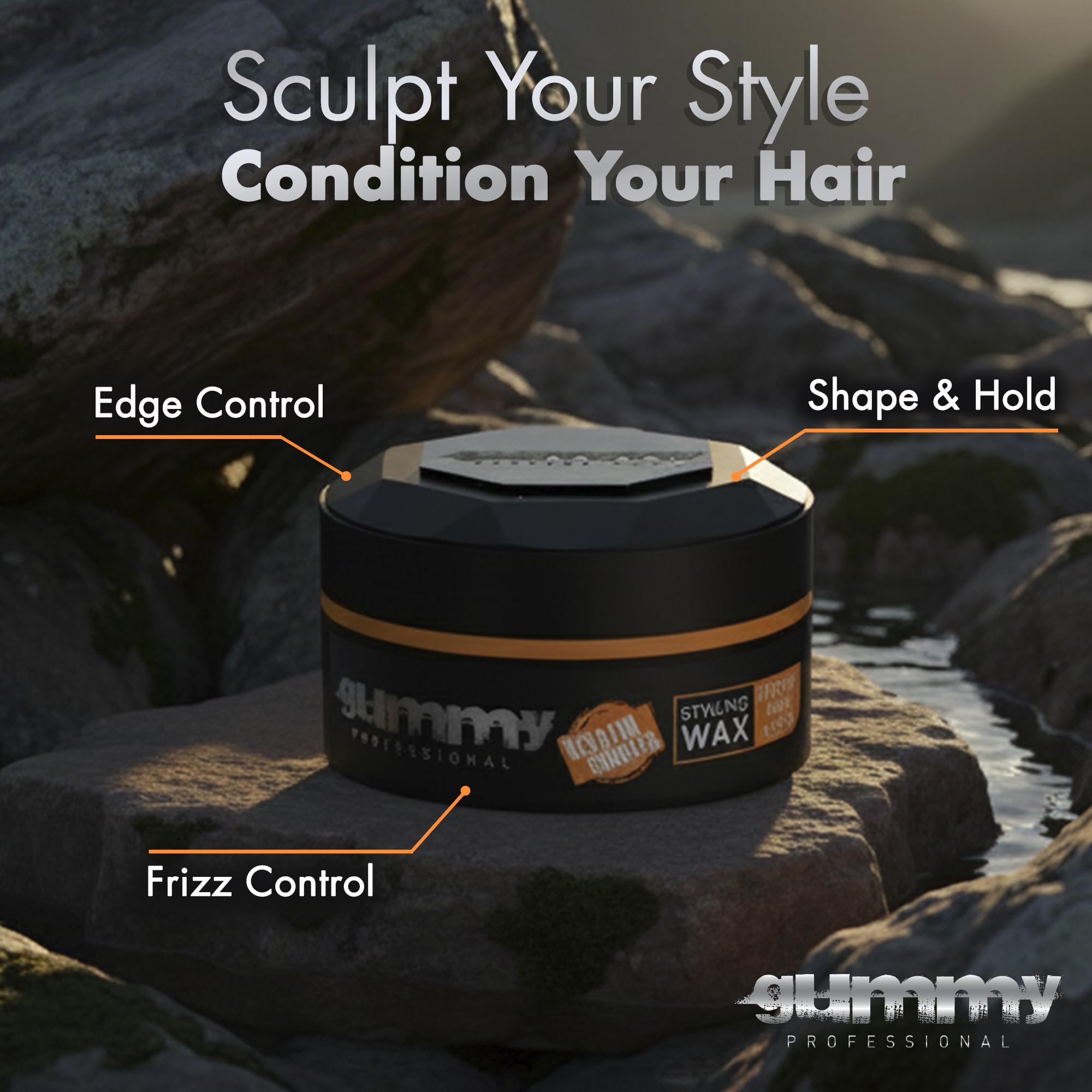 Gummy slick back style demonstrates versatile hold and glossy finish.