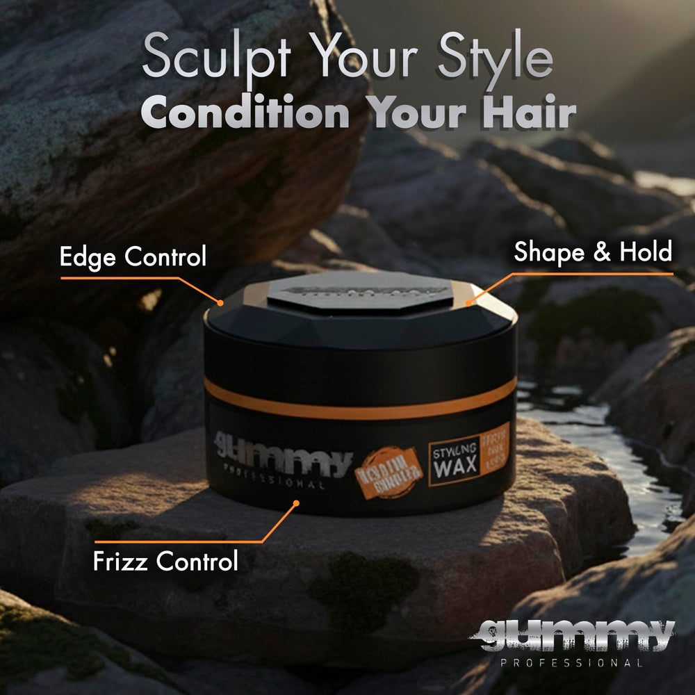 Gummy slick back style demonstrates versatile hold and glossy finish.