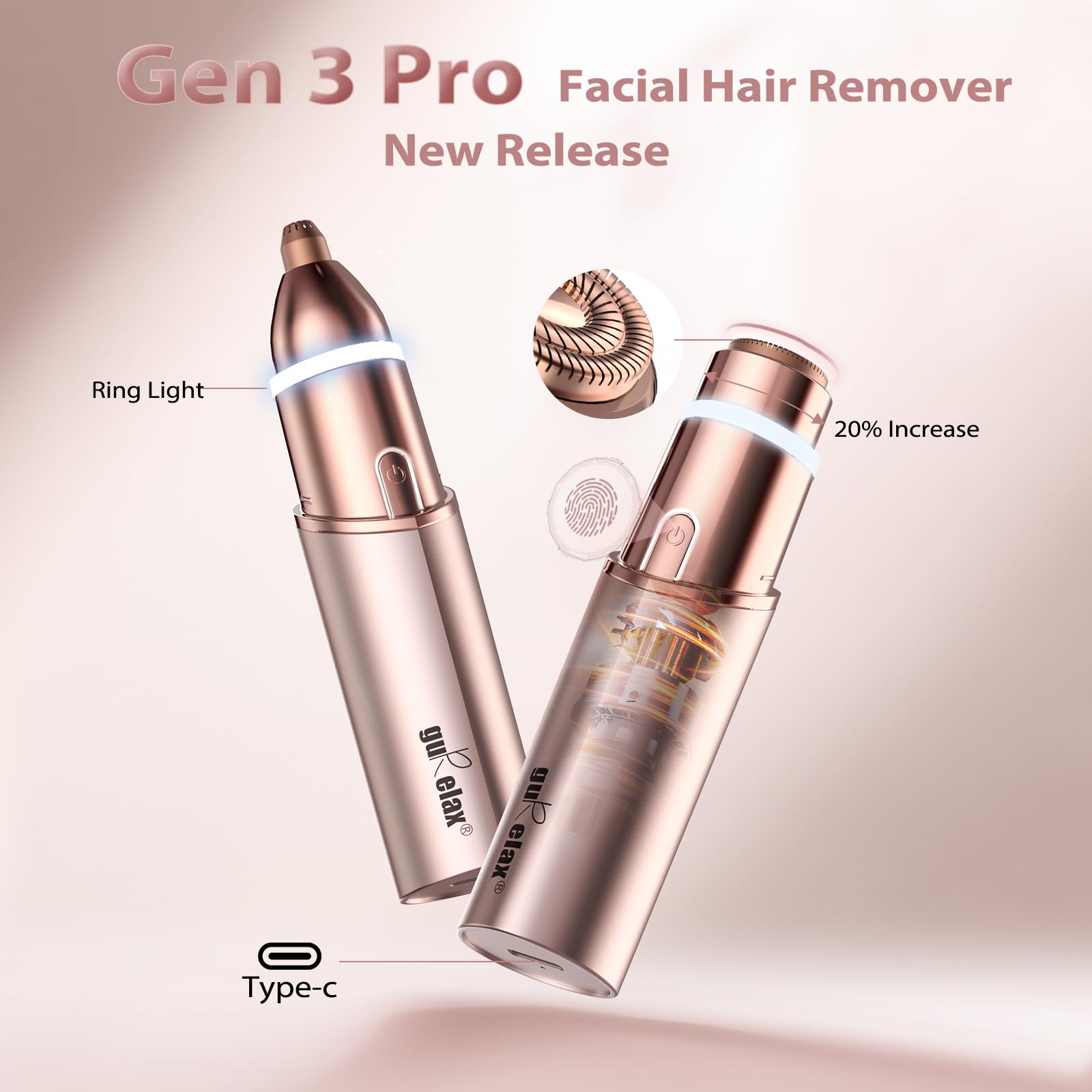 Gurelax 360° hypoallergenic head delivers gentle facial hair trimming.