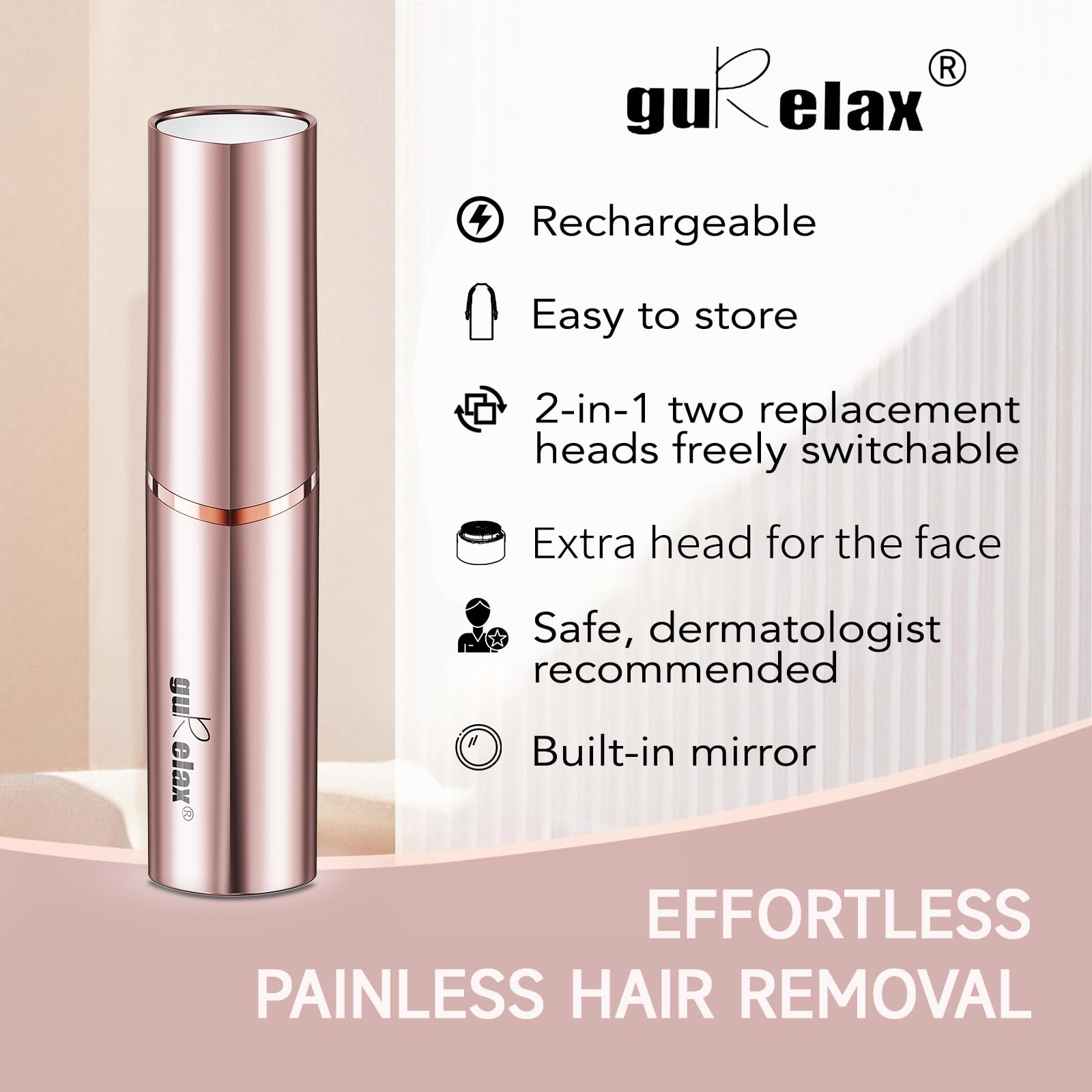 Gurelax built-in mirror aids precise hair removal around brows and face.