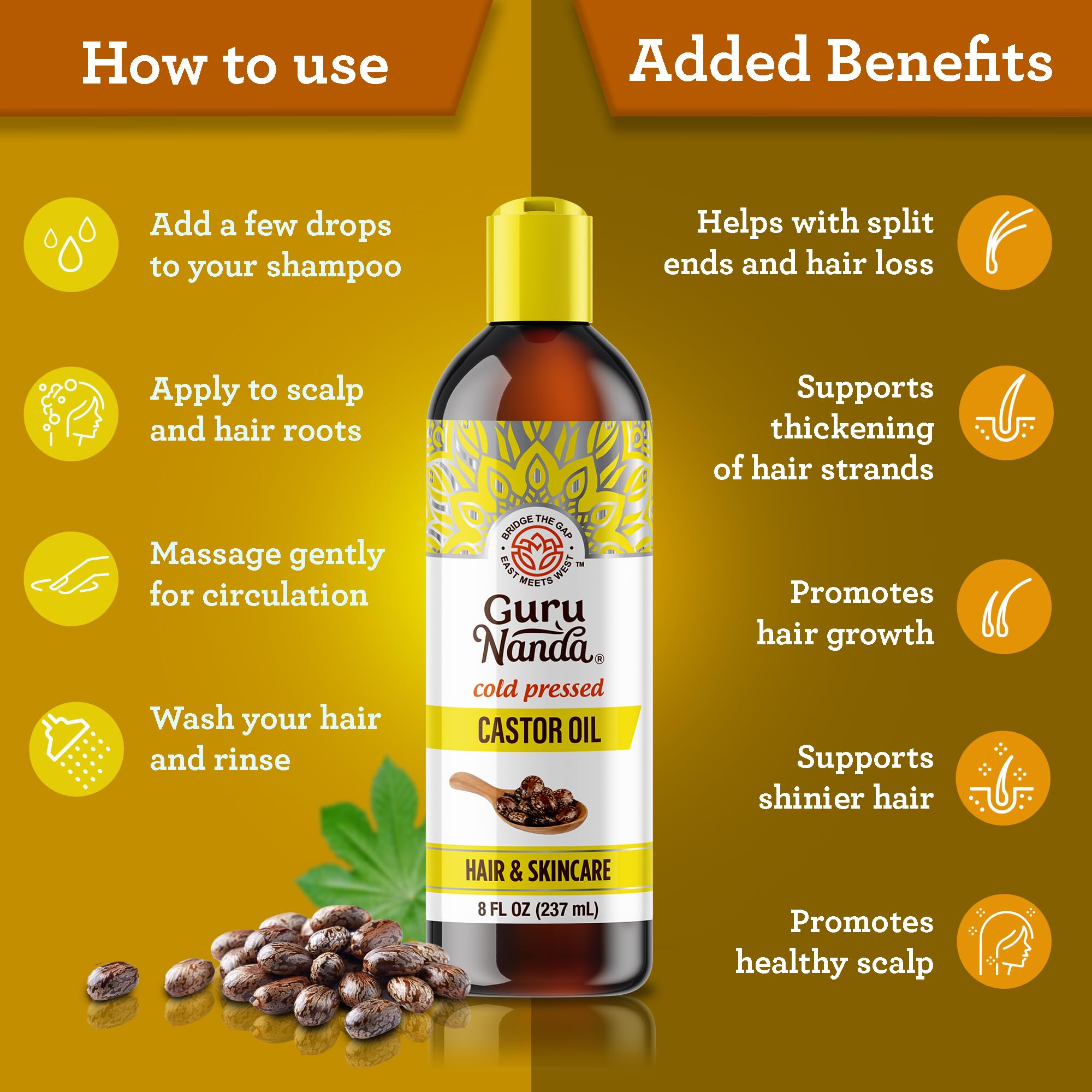 GuruNanda Aceite de Ricino, cejas y pestañas, favorece crecimiento ligero y cuidado.