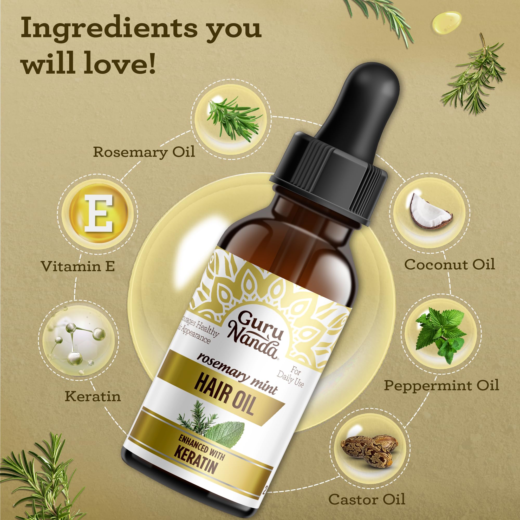 GuruNanda rosemary mint hair growth oil application close-up for even distribution.