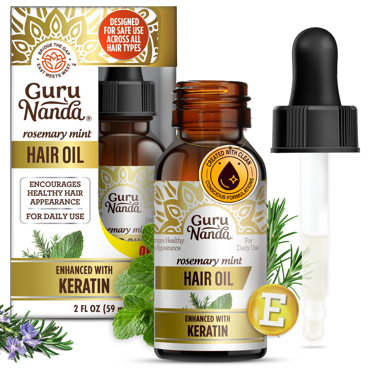 GuruNanda rosemary mint hair growth oil bottle for scalp care and nourishment.