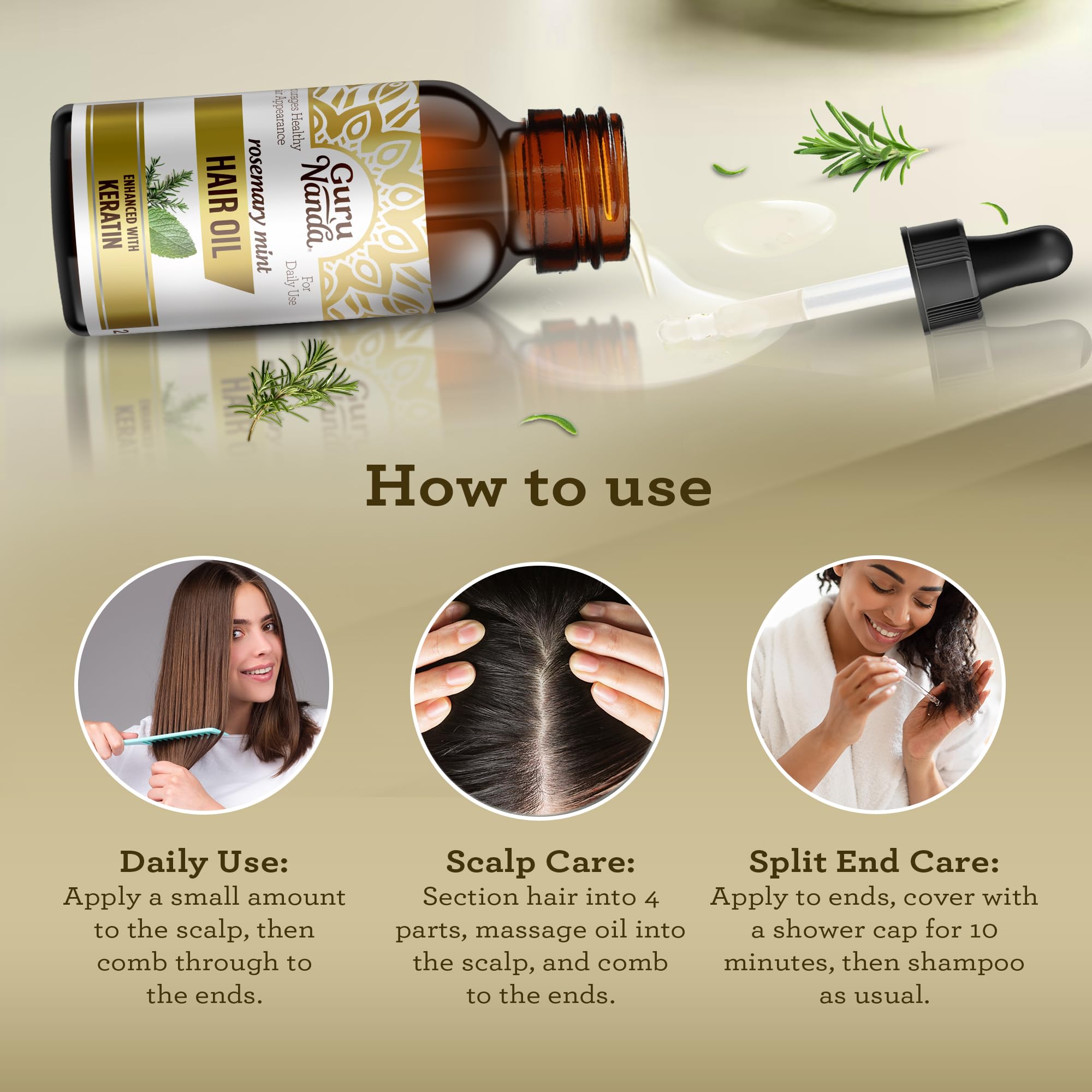 GuruNanda rosemary mint hair oil pump dispenser for easy use.