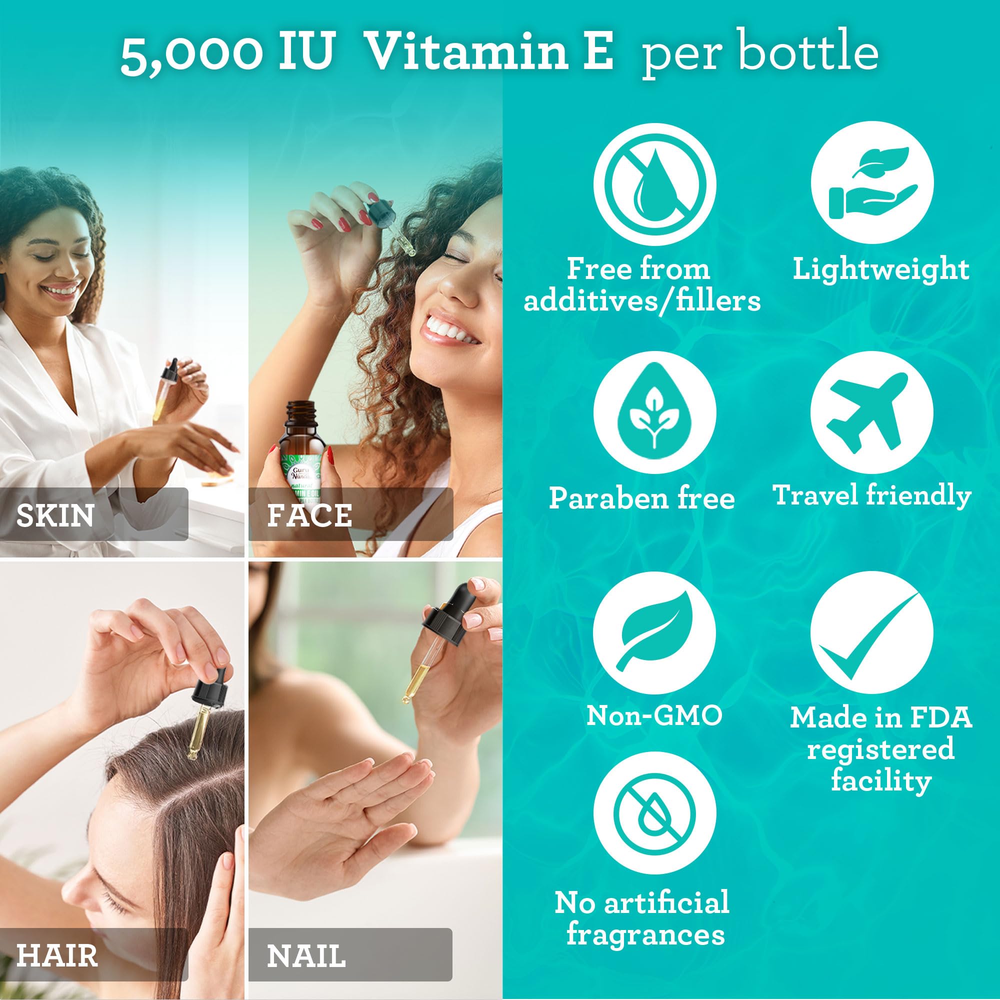 GuruNanda Vitamin E Oil with MCT oil enhances absorption for effective moisturization.