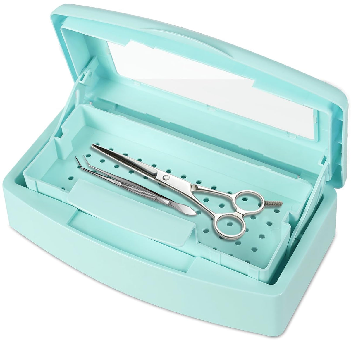 Gusnilo Barbicide box with transparent lid monitors cleaning progress for nails.