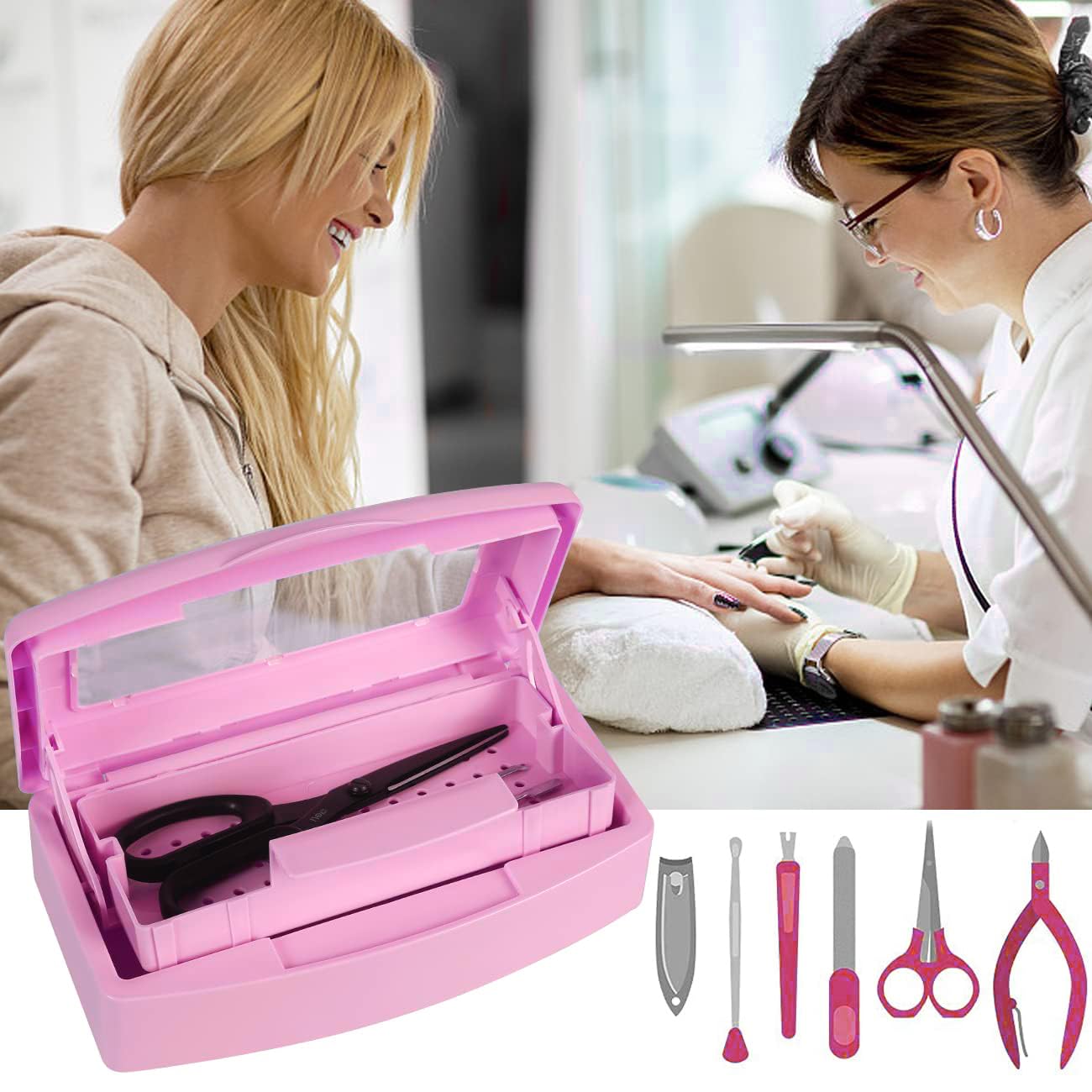 Gusnilo pink sterilizer box fits nail tools for salon or home.