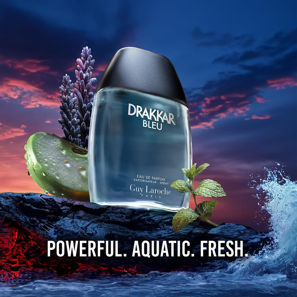 Guy Laroche Drakkar Bleu bottle stand highlights the iconic design and ocean-inspired vibe.