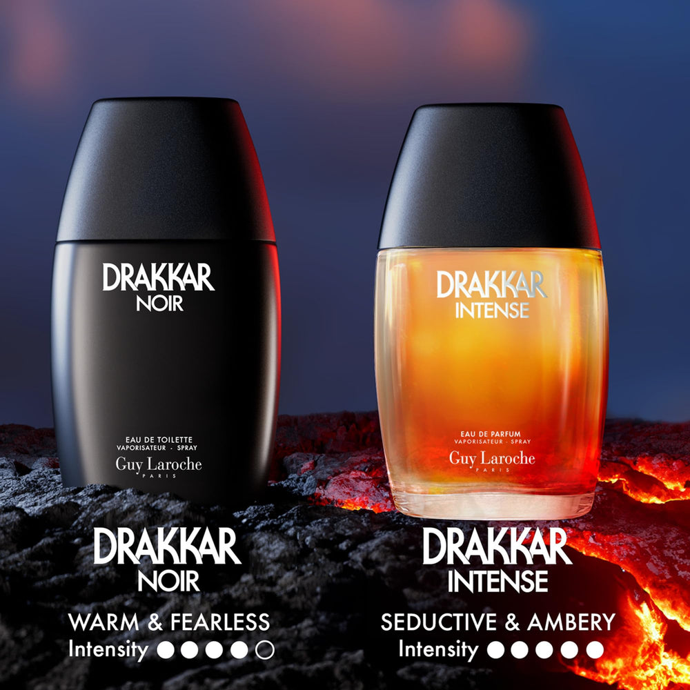 Guy Laroche Drakkar Intense suede texture close-up signals bold personality.